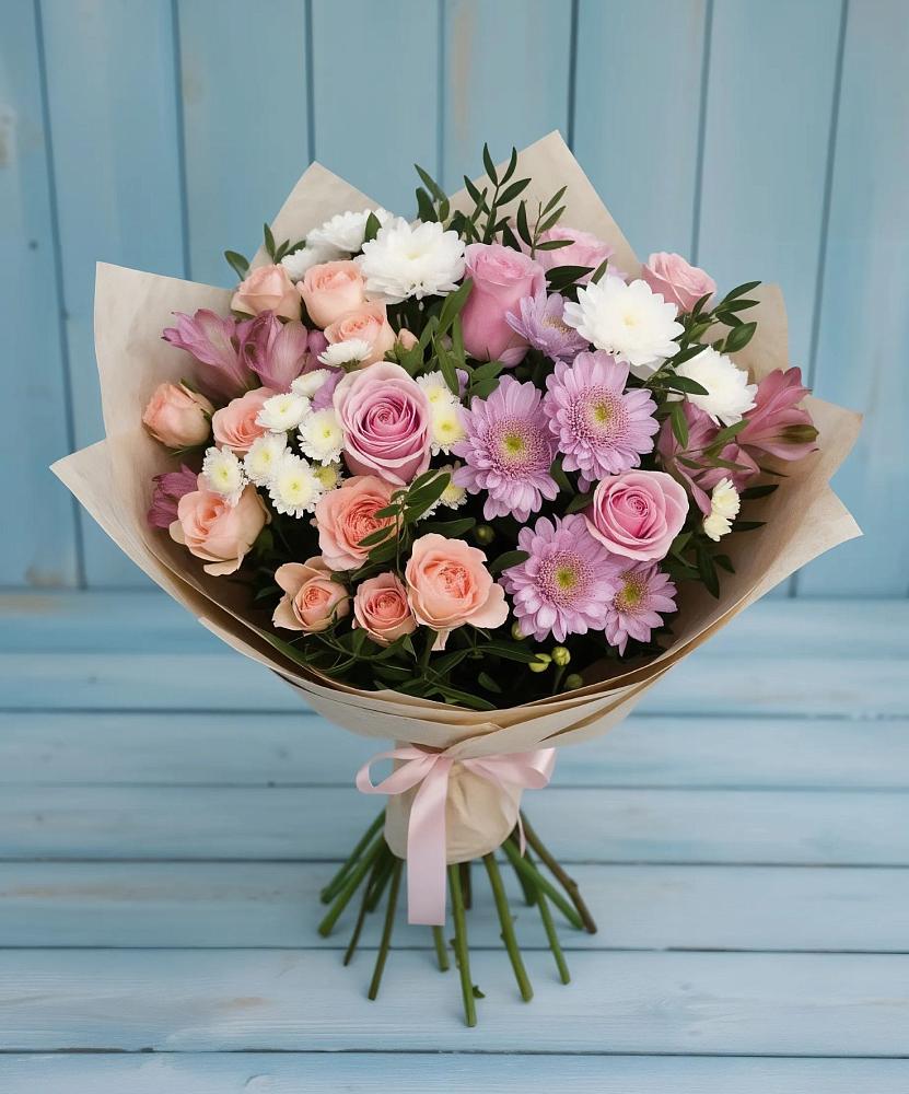 Букет цветов из: Хризантемы, Розы и Альстромерии в Спасском Приморского края