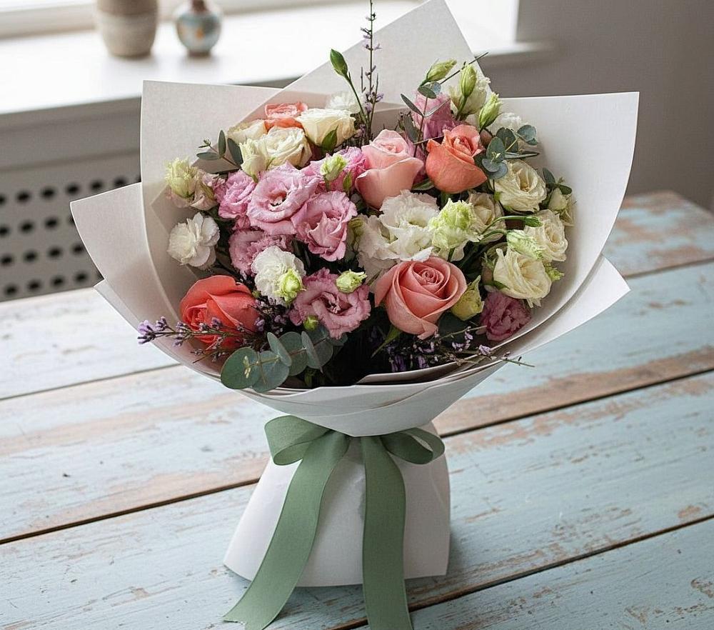 Букет цветов из: Розы, Лизиантусы и Гвоздики в Спасском Приморского края