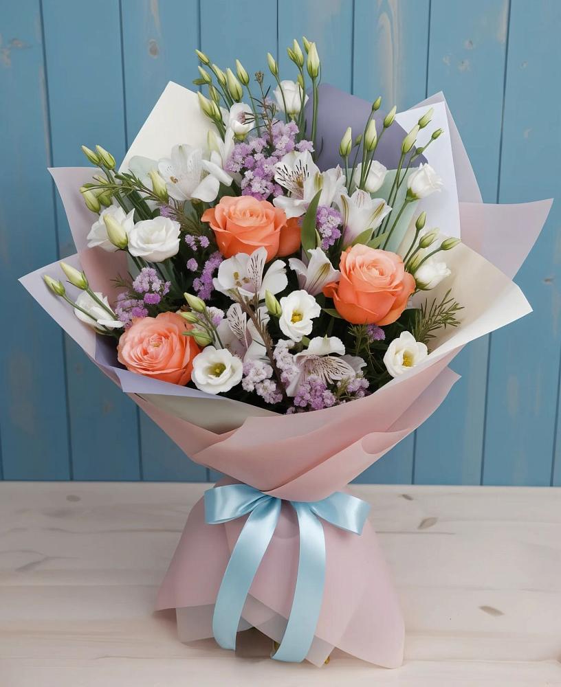 Букет цветов из: Лизиантусы, Розы, Альстромерии и Гипсофила в Спасском Приморского края