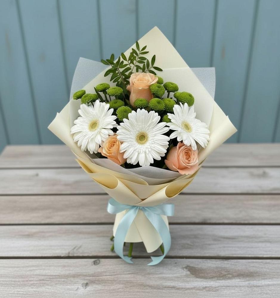 Букет цветов из: Герберы, Розы и Хризантемы в Спасском Приморского края