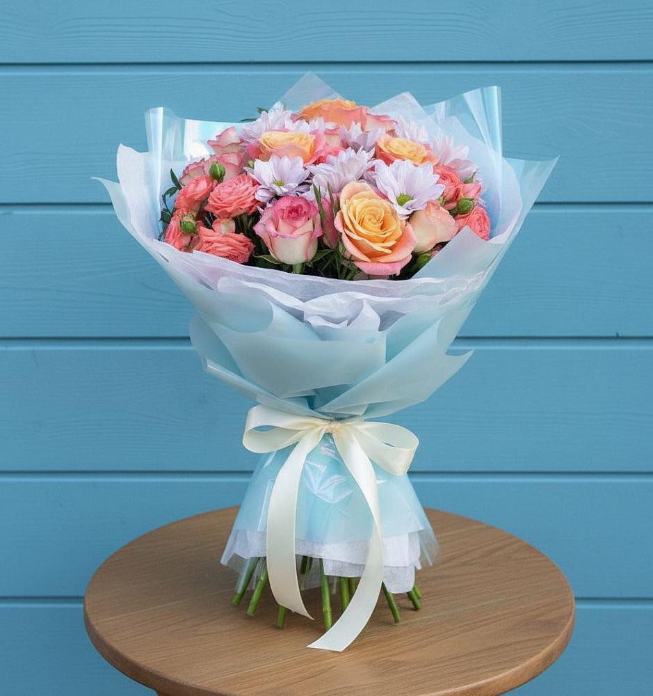 Букет цветов из: Хризантемы и Розы в Спасском Приморского края