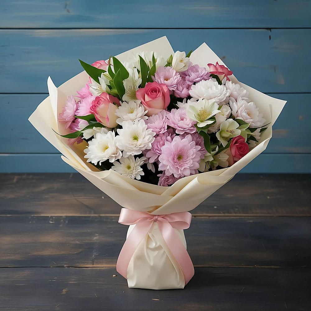 Букет цветов из: Хризантемы, Альстромерии и Розы в Спасском Приморского края